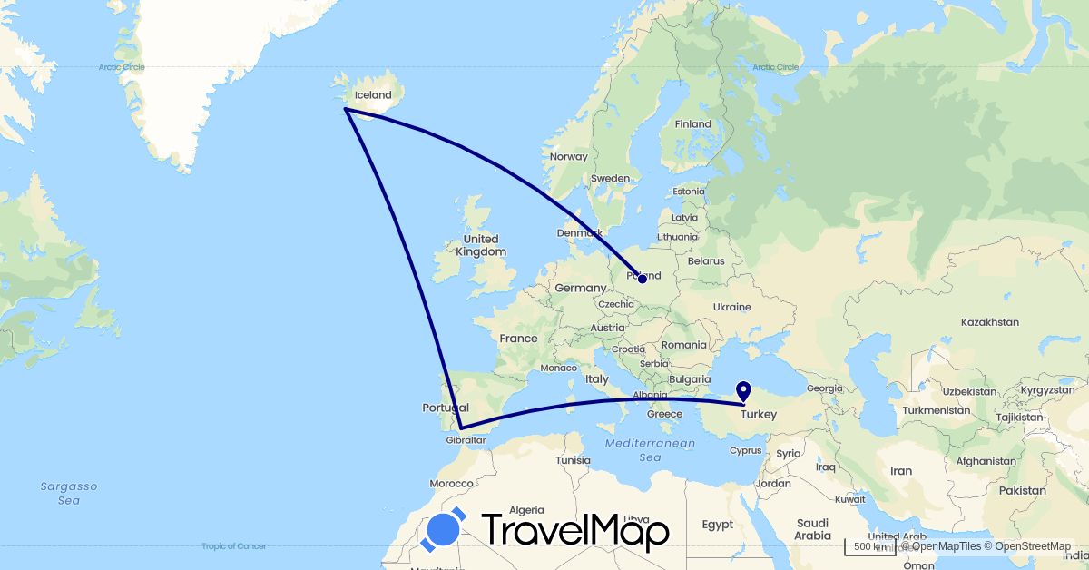TravelMap itinerary: driving in Spain, Iceland, Poland, Turkey (Asia, Europe)